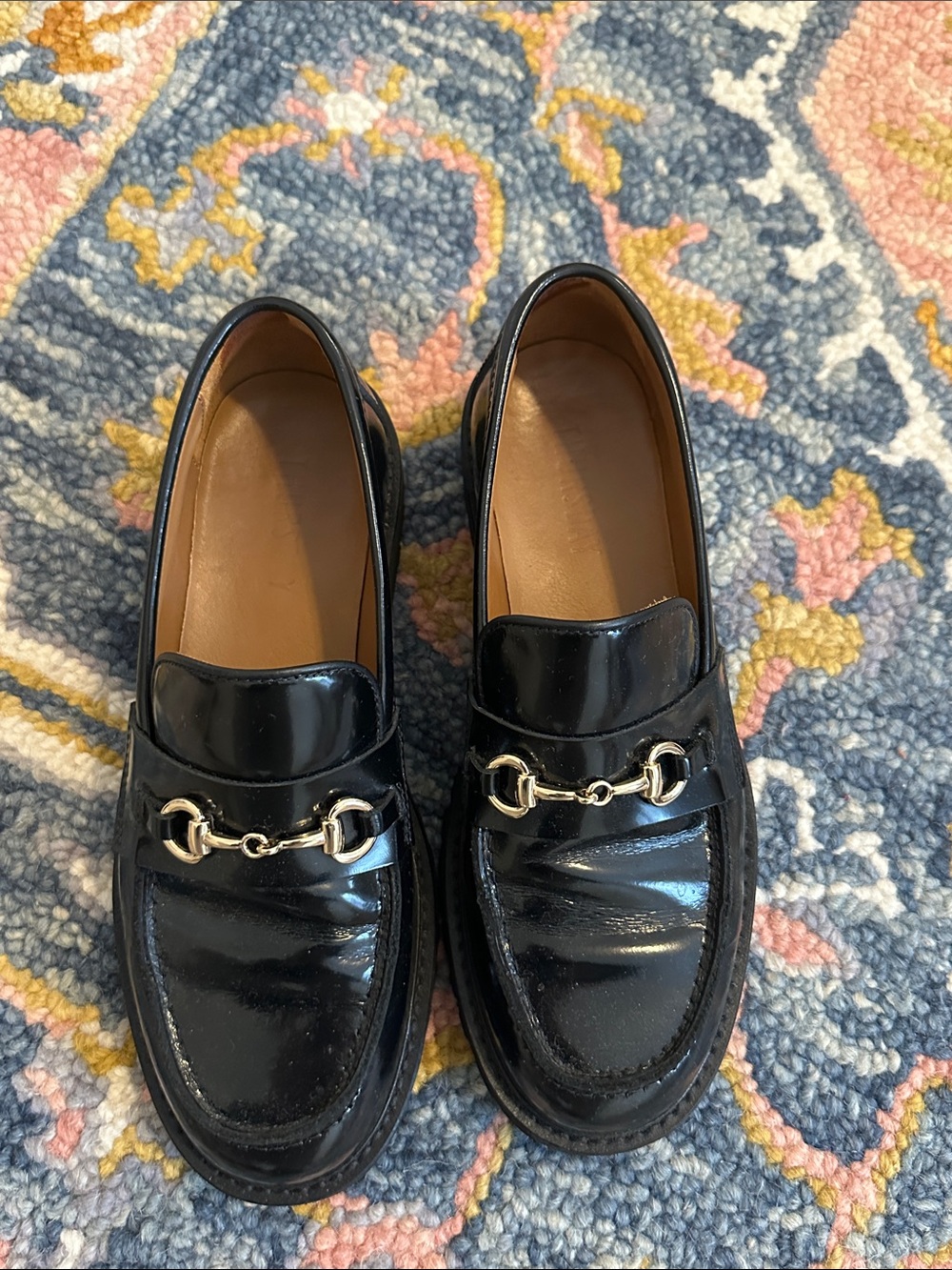 Thursday Boot Company Black Patent Leather Loafers with Gold Horsebit